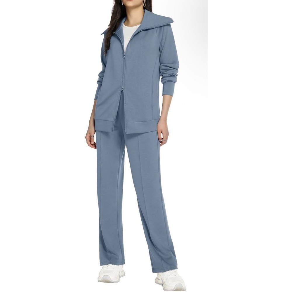 Casly Lamiit Size Large L/S Sweatshirt Wide Leg Pants 2 Pc Set Blue Gray Travel